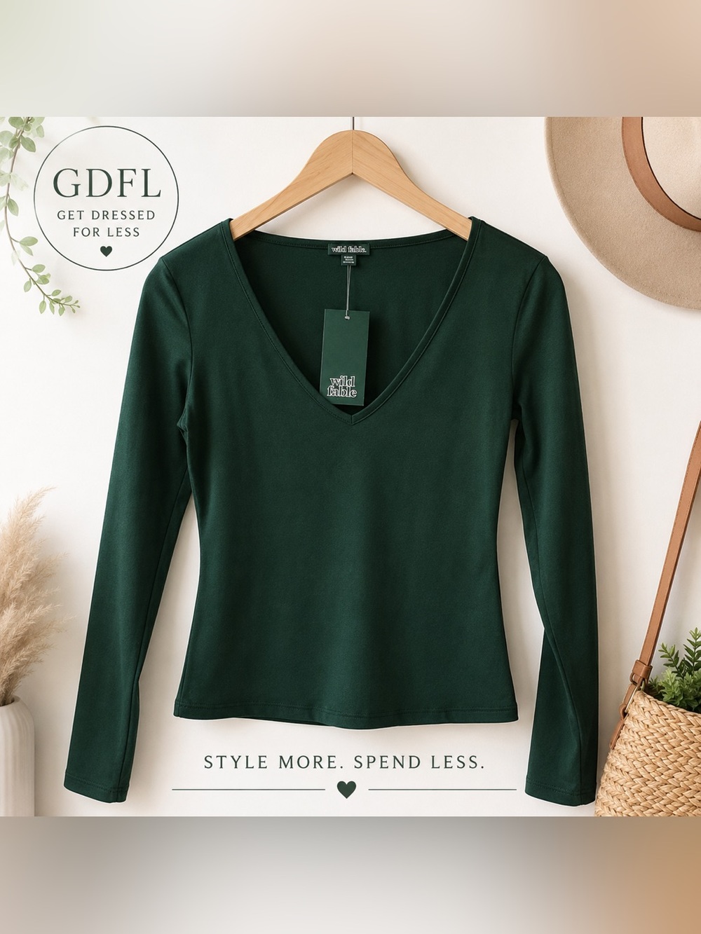 Wild Fable Dark Green V Neck Long Sleeve Top Womens Size Small NWT - Picture 2 of 5